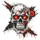 Skull shaped mask with one glowing red orb behind eyeholes emerging from shadows tattoo design idea