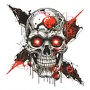 Skull shaped mask with one glowing red orb behind eyeholes emerging from shadows tattoo design idea