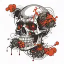 Skull shaped mask with one glowing red orb behind eyeholes emerging from shadows tattoo design idea