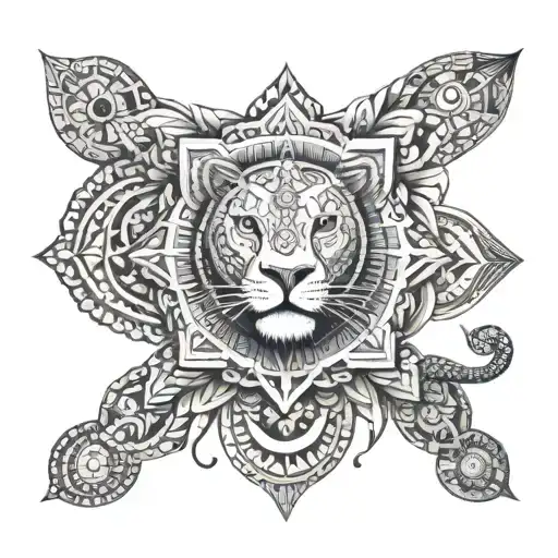 whole arm geometric design elements like  lion universe mandala Shiva and Ganesh , Nepal .  tattoo design idea