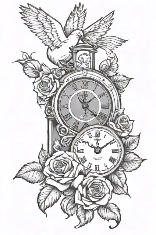clock, roses, dove, candle flame,  tattoo design idea