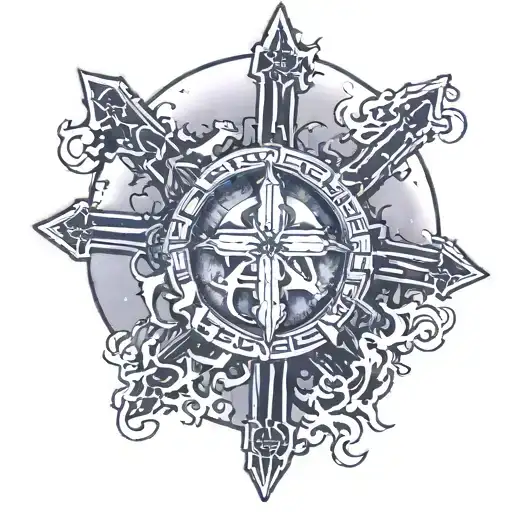 A "Racionais Mc's" style cross covered by fog and with a full moon in the background, and a written signature "Leandro He tattoo design idea