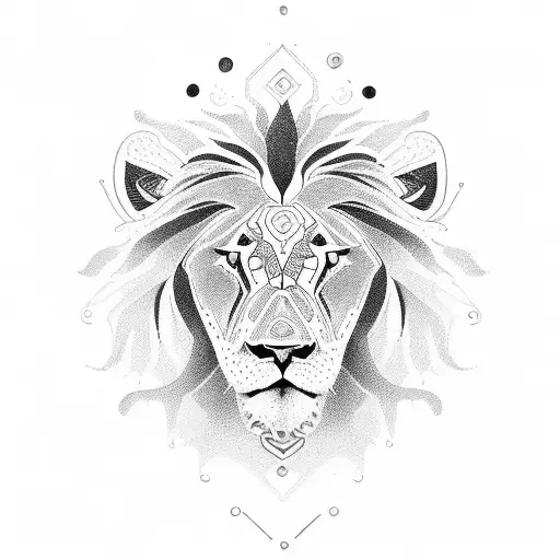 A dotwork tattoo of a lion's face with intricate geometric patterns, symbolizing the client's passion for autism advocacy and their wild and smart nature. tattoo design idea