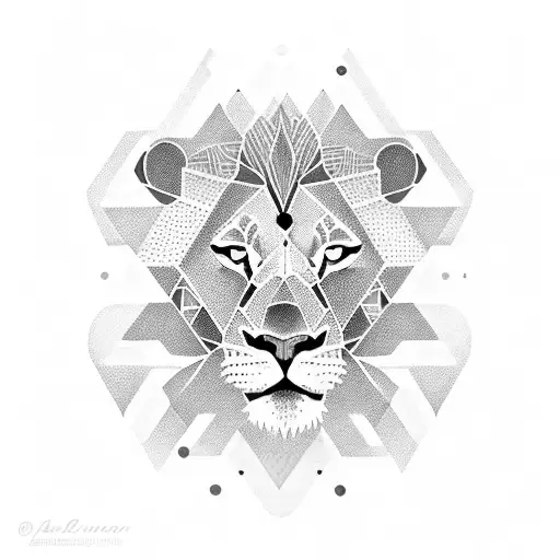 A dotwork tattoo of a lion's face with intricate geometric patterns, symbolizing the client's passion for autism advocacy and their wild and smart nature. tattoo design idea