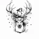 stag head with a robin and magpie on antlers tattoo design idea