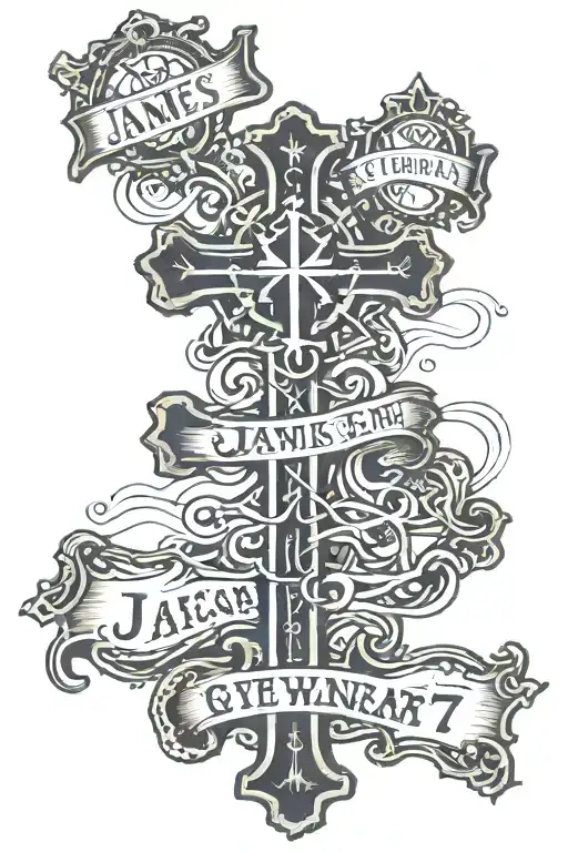 3 crosses with the middle one saying the name James Warren up the middle and the date February 17, 2017 horizontal  tattoo design idea