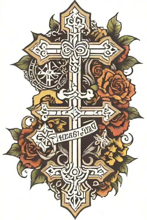 3 crosses with the middle one saying the name James Warren up the middle and the date February 17, 2017 horizontal  tattoo design idea