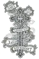 3 crosses with the middle one saying the name James Warren up the middle and the date February 17, 2017 horizontal  tattoo design idea