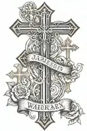 3 crosses with the middle one saying the name James Warren up the middle and the date February 17, 2017 horizontal  tattoo design idea