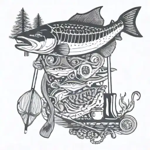 Canoe, paddles, lifejackets, fishing rod, fishing net, lake trout, campfire, magic mushrooms, cigarettes, and whisky tattoo design idea