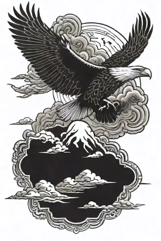 fire cloud background with soaring eagle Thunderbird and a buffalo  tattoo design idea