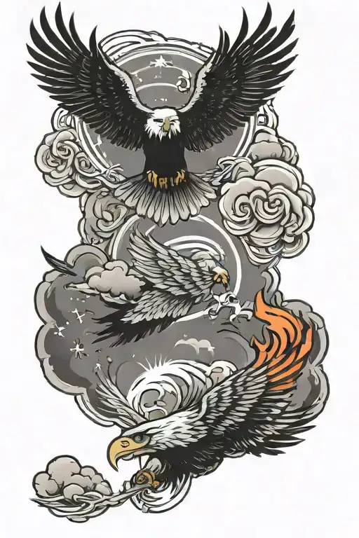 fire cloud with star in North above an soaring eagle and thunderbird above a buffalo with tornado  tattoo design idea