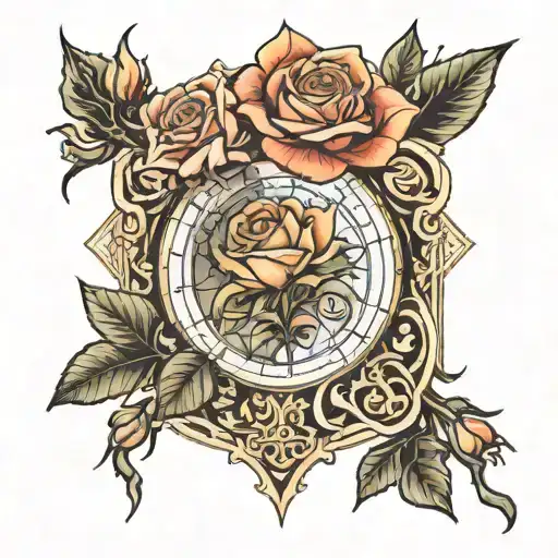 roses and diagrams with the name "Flockhart" in the middle tattoo design idea