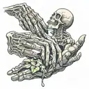 creation of Adam hands touching. with hand a skeleton and holding a snake. also an aura with hand about to touch. tattoo design idea