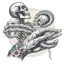 creation of Adam hands touching. with hand a skeleton and holding a snake. also an aura with hand about to touch. tattoo design idea