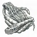 creation of Adam hands touching. with hand a skeleton and holding a snake. also an aura with hand about to touch. tattoo design idea