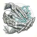 creation of Adam hands touching. with hand a skeleton and holding a snake. also an aura with hand about to touch. tattoo design idea