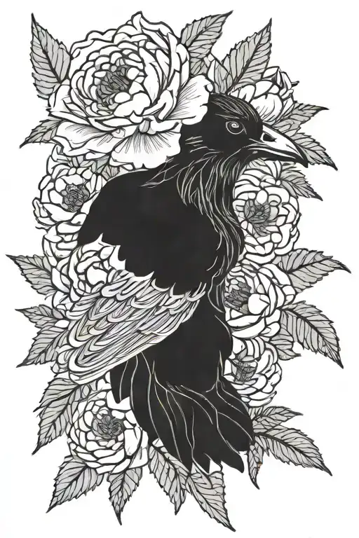 peony flowers juniper leaves crow skull tattoo design idea