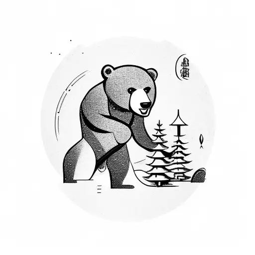 A bear practicing martial arts in front of a Japanese pine tree tattoo design idea