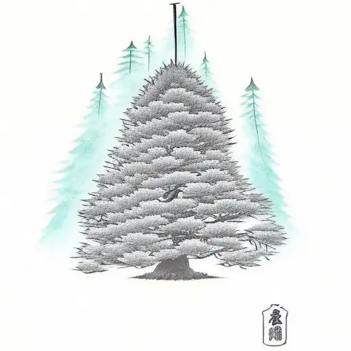 A bear practicing martial arts in front of a Japanese pine tree tattoo design idea