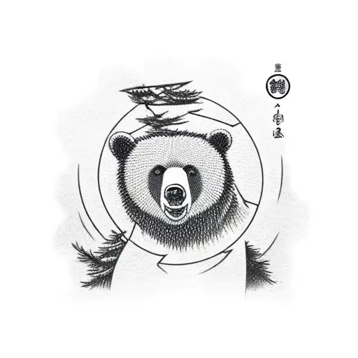A bear practicing martial arts in front of a Japanese pine tree tattoo design idea