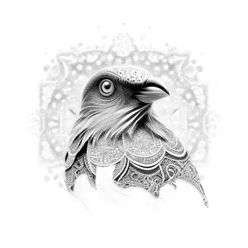 An intricate black and grey bird made entirely of tiny pills tattoo design idea