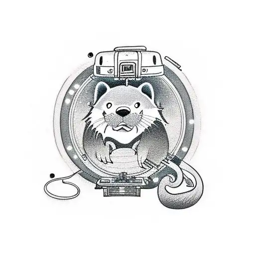 A traditional style tattoo of an otter playing a vintage record player with a wolf howling in the background tattoo design idea
