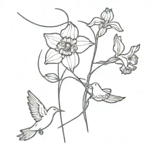 two narcissus flowers, one poppy flower and one iris flower tied with a ribbon with a dove flying over them tattoo design idea