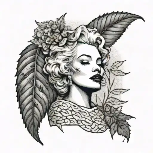 A dotwork tattoo of Marilyn Monroe knitting a cannabis leaf pattern tattoo design idea