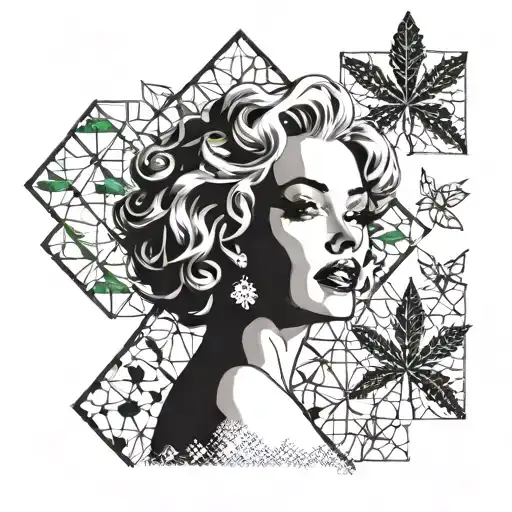 A geometric pattern incorporating cannabis leaves, Marilyn Monroe's silhouette, and a diamond motif, representing the client's favorite things tattoo design idea