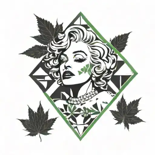 A geometric pattern incorporating cannabis leaves, Marilyn Monroe's silhouette, and a diamond motif, representing the client's favorite things tattoo design idea