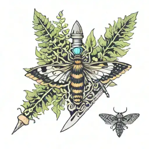moth ferns knife switchblade tattoo design idea