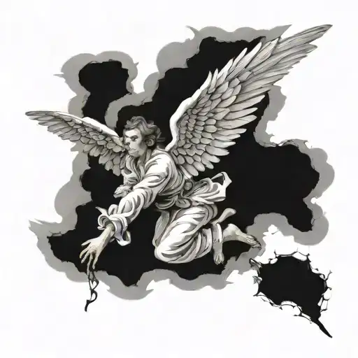angel falling from heaven with a broken wing attached tattoo design idea