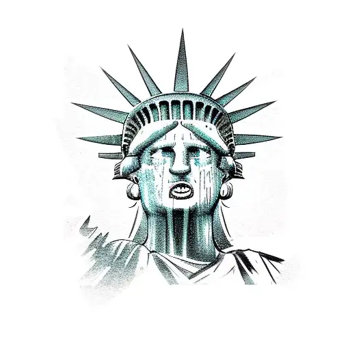 Statue of liberty with zombie face in the background of the American flag with skulls instead of stars tattoo design idea