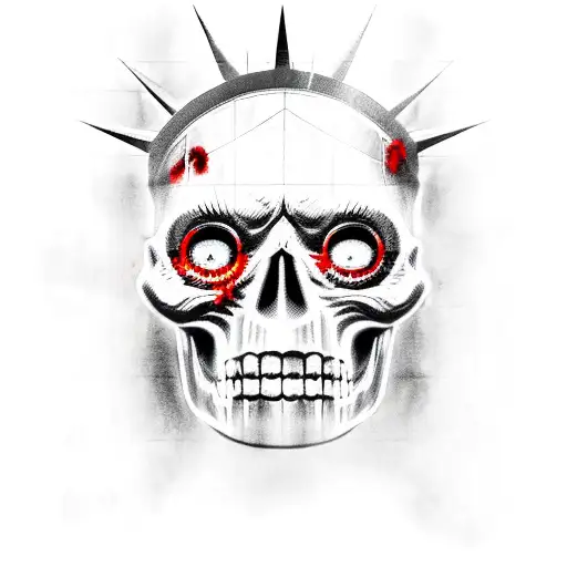 Statue of liberty with zombie face in the background of the American flag with skulls instead of stars tattoo design idea
