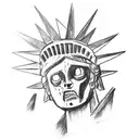 Statue of liberty with zombie face in the background of the American flag with skulls instead of stars tattoo design idea