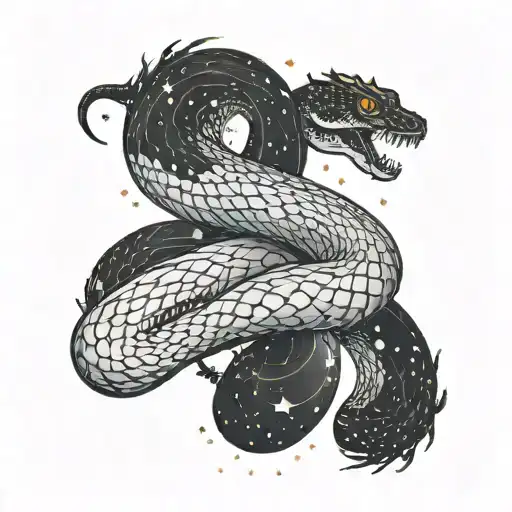 tattoo on the whole arm. on the top of the shoulder - a water snake, below the snake descends the outline of space, constellations, nebulae tattoo design idea