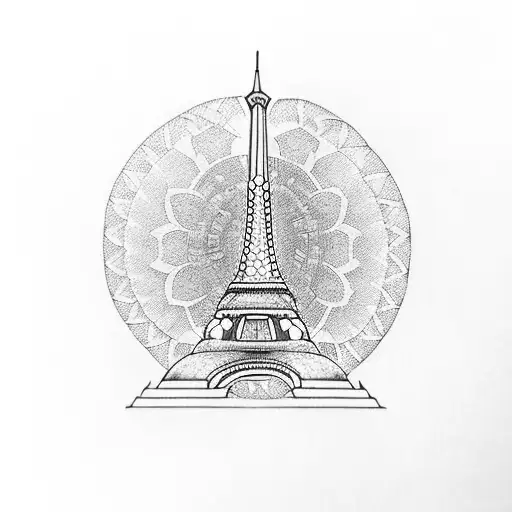A silhouette of the Eiffel Tower made up of intricate book spines tattoo design idea