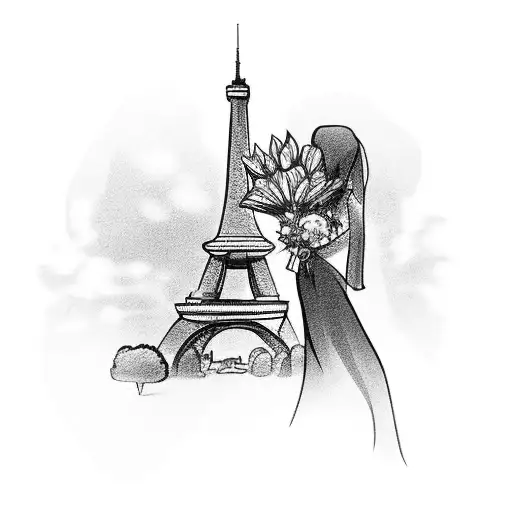 A bride holding a bouquet of flowers with the Eiffel Tower in the background tattoo design idea