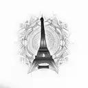 A silhouette of the Eiffel Tower made up of intricate book spines tattoo design idea