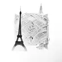 A silhouette of the Eiffel Tower made up of intricate book spines tattoo design idea