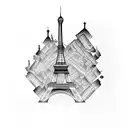 A silhouette of the Eiffel Tower made up of intricate book spines tattoo design idea