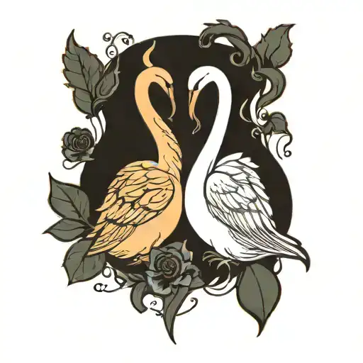 minimal swans stick their heads together and inside a fire heart with big angel figs  tattoo design idea