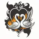minimal line tattoo of swans that stick their heads together and inside a fired heart with hermes wing  tattoo design idea