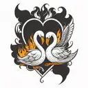 minimal line tattoo of swans that stick their heads together and inside a fired heart with hermes wing  tattoo design idea