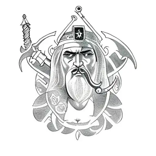 A fierce Persian soldier holding a staff of power, surrounded by mythical creatures tattoo design idea