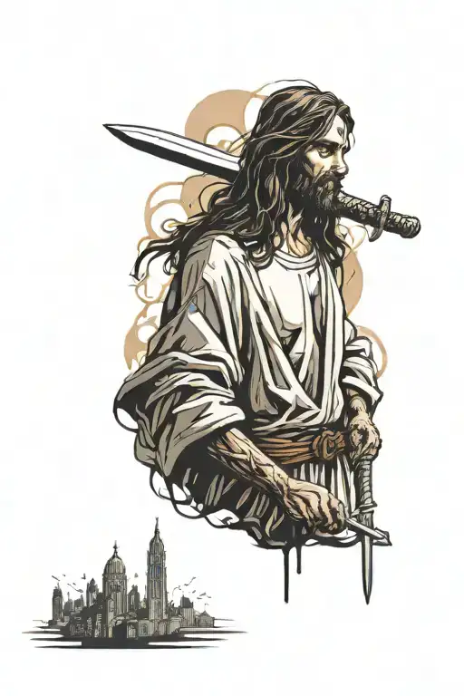 Jesus Christ holding sword on right hand and ruined City Background tattoo design idea