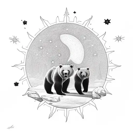 grizzly bear with three bear cubs, include sun, stars and moon in background tattoo design idea