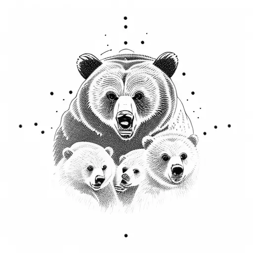 grizzly bear with three bear cubs tattoo design idea