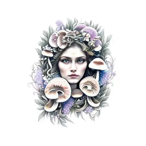 nature goddess with flowers mushrooms bees candles tattoo design idea